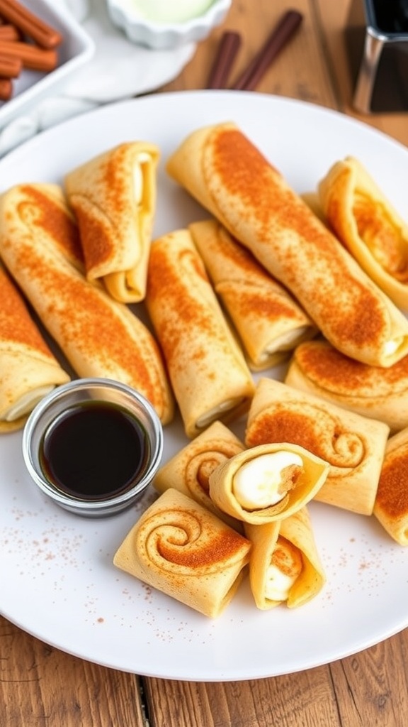 Keto Cinnamon Cream Cheese Roll-Ups on a rustic plate, cut into pieces and garnished with cinnamon.